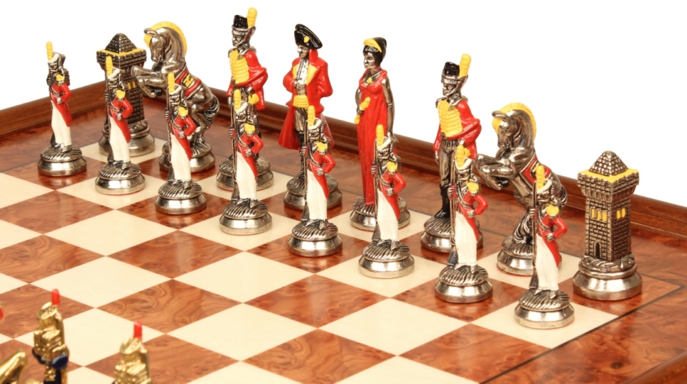 Jeu d'Échecs Napoléon - Échiquier en bois de Bruyère et Bois d'Orme avec tiroir & Pièces en métal