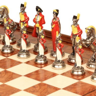 Jeu d'Échecs Napoléon - Échiquier en bois de Bruyère et Bois d'Orme avec tiroir & Pièces en métal