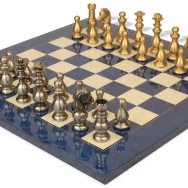 Jeu d'Échecs Garde Française - Échiquier en bois d'Érable et Bois de Bruyère bleu & Pièces en laiton massif