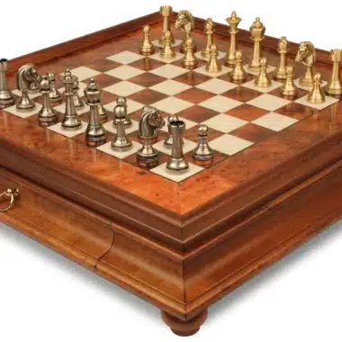 Jeu d'Échecs Staunton - Échiquier en bois de Bruyère et Bois d'Orme avec tiroir & Pièces en laiton massif