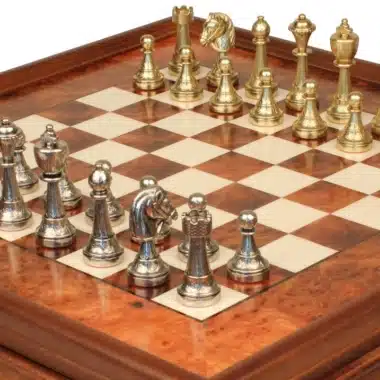 Jeu d'Échecs Staunton - Échiquier en bois de Bruyère et Bois d'Orme avec tiroir & Pièces en métal