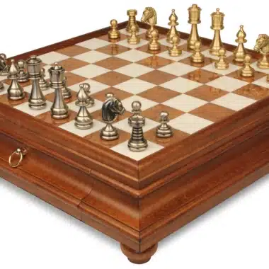 Jeu d'Échecs Perse - Échiquier en bois et Albâtre de Toscane avec tiroir & Pièces en laiton massif