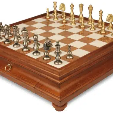 Jeu d'Échecs Oriental - Échiquier en bois et Albâtre de Toscane avec tiroir & Pièces en laiton massif