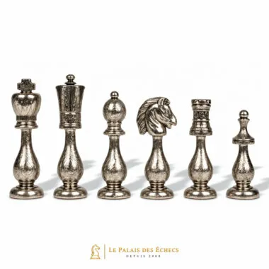 Pièces d'échecs argentées : roi, pion, cavalier et tour en détail