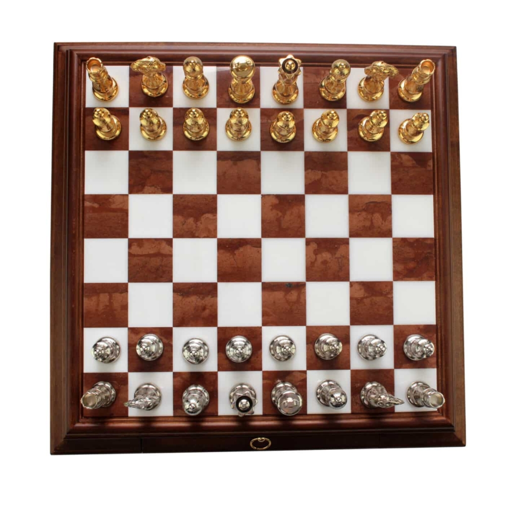 Jeu d'Échecs Arabesque - Échiquier en bois et Albâtre de Toscane avec tiroir & Pièces en métal plaqué or