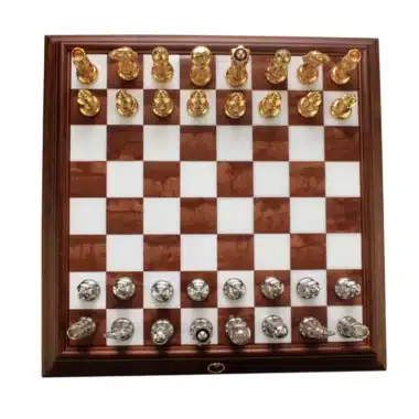 Jeu d'Échecs Arabesque - Échiquier en bois et Albâtre de Toscane avec tiroir & Pièces en métal plaqué or