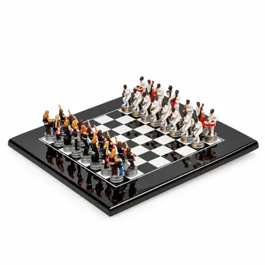 Jeu d'échecs Jazz vs Rock complet sur échiquier en bois laqué noir