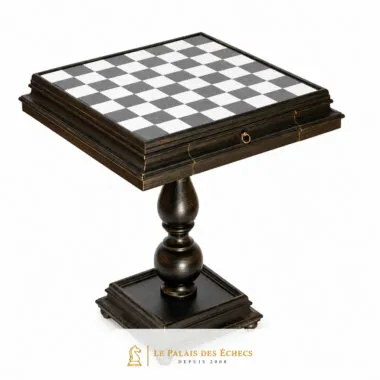 Table échiquier en bois et albâtre sur pied balustre tourné