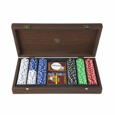 Ensemble de Poker - Mallette en Bois de Noyer Foncé avec Couvercle en Similicuir Brun