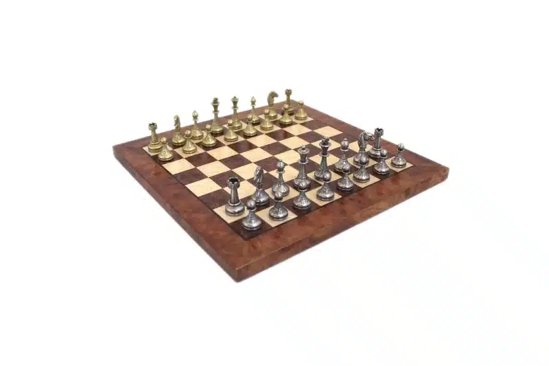 Petit Jeu d'Echecs Mignon Flower - Échiquier en Bois de Bruyère et d'Orme et Pièces d'Echecs en Métal