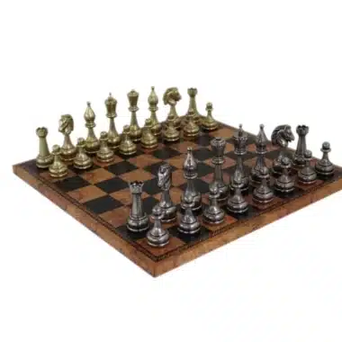 Grand Jeu d'Echecs Staunton en Metal et Echiquier en Similicuir Ancienne Carte du Monde