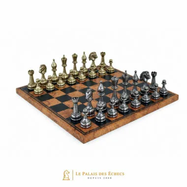 Jeu d'échecs Staunton en métal complet sur échiquier en similicuir carte du monde