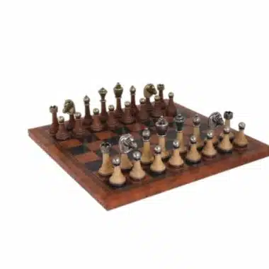 Jeu d'Echecs Staunton Metal et Bois et Échiquier en Similicuir Marron