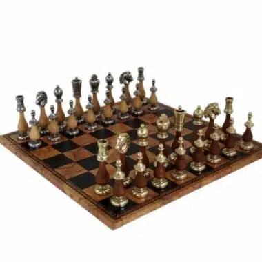Jeu d'Echecs Arabesque en Bois et Métal et Échiquier en Similcuir