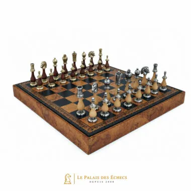 Jeu d'échecs Arabesque complet sur échiquier en similicuir avec coffret de rangement