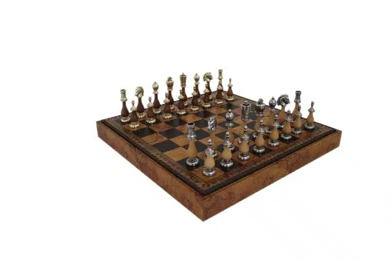 Jeu d'échecs Arabesque complet sur échiquier en similicuir avec coffret de rangement
