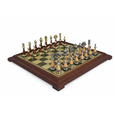 Jeu d'échecs Arabesque complet sur échiquier effet laiton et cadre en bois