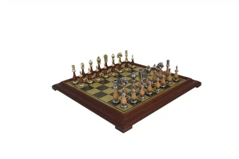 Jeu d'Echecs Arabesque - Échiquier effet Laiton avec Cadre en Bois & Jeu d'Échecs en Métal et Bois