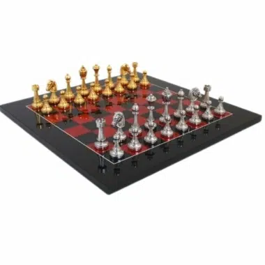 Jeu d'Echecs Fleuri - Échiquier en Bois de Bruyère Noir et Rouge Brillant & Jeu d'Échecs en Métal Plaqué Or et Argrent