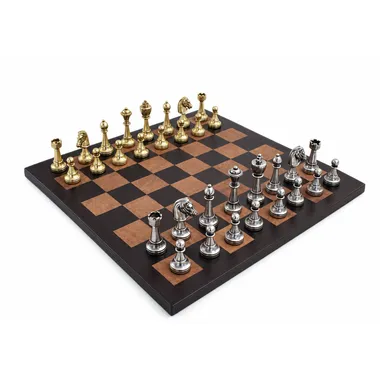 Jeu d'échecs Staunton en métal complet sur échiquier en cuir véritable