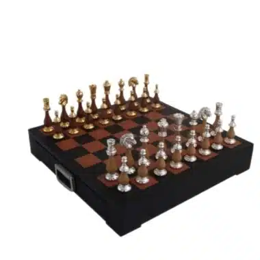 Alternative view of Jeu d'Echecs en Bois et Métal Plaqué Or et Argent & Echiquier en Cuir avec Tiroir de Rangement