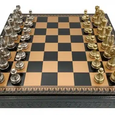 Jeu d'Echecs Fleuri - Échiquier, Jeu de dames & Backgammon en Similcuir Or / Noir avec Compartiment de Rangement & Jeu d'Echecs en Métal