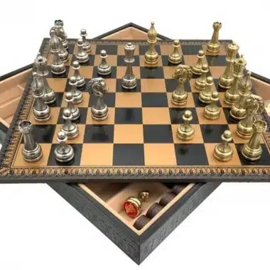 Alternative view of Jeu d'Echecs Fleuri - Échiquier, Jeu de dames & Backgammon en Similcuir Or / Noir avec Compartiment de Rangement & Jeu d'Echecs en Métal