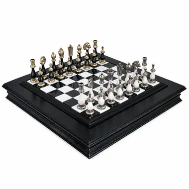 Ensemble complet Staunton noir et blanc avec échiquier marbre et coffret de rangement