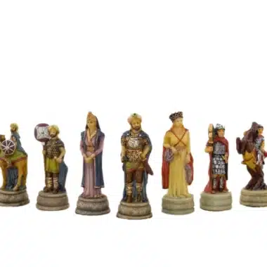 Jeu d'Echecs Guerres Arabo Byzantine en Résine et Échiquier en Similicuir Doré et Bleu – Image 4
