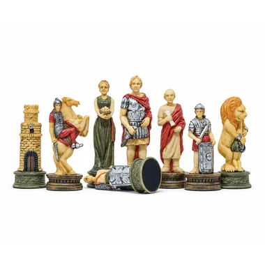 Pièces d'échecs Romains vs Gladiateurs : tour, cavalier, reine, roi, fou et lion