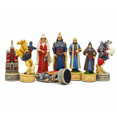 Jeu d'échecs Domination Mongole, détail des pièces russes avec tour et cavalier