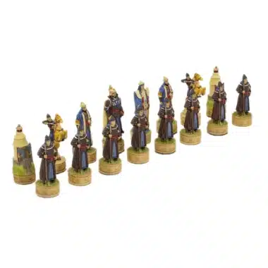 Pièces en résine de l'armée mongole alignées, détails peints colorés