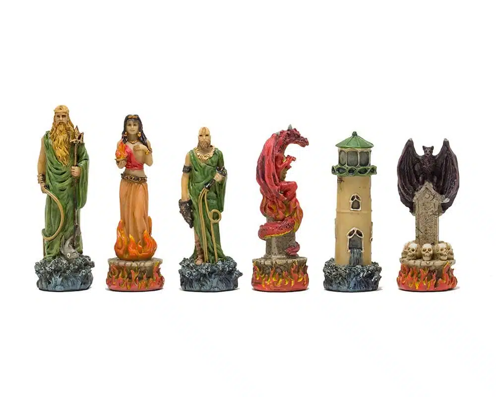Jeu d'Echecs Fantasy Eau vs Feu en Résine et Échiquier en Similicuir Marron et Noir – Image 7
