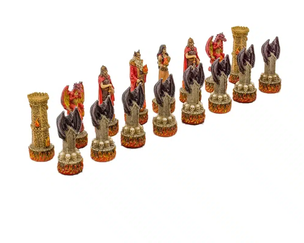Jeu d'Echecs Fantasy Eau vs Feu en Résine et Échiquier en Similicuir Marron et Noir – Image 6