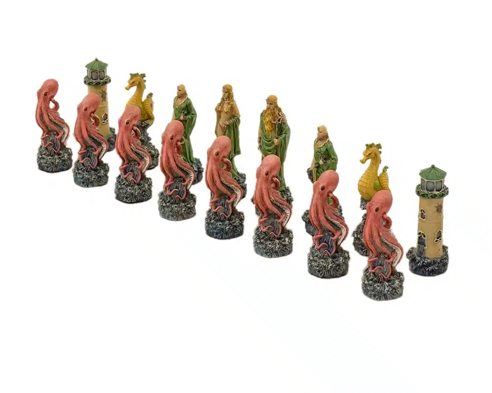 Jeu d'Echecs Fantasy Eau vs Feu en Résine et Échiquier en Similicuir Marron et Noir – Image 5