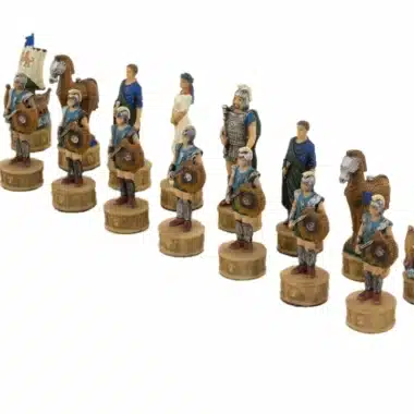 Jeu d'Echecs en Résine Mythologie Grecque : La Bataille de Troie et Échiquier en Similicuir Doré et Bleu – Image 6