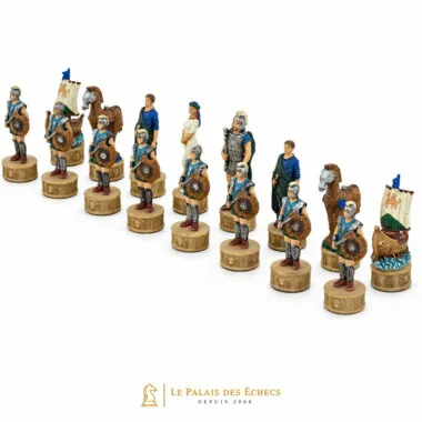 Pièces d'échecs en résine, armée bleue et beige façon Bataille de Troie