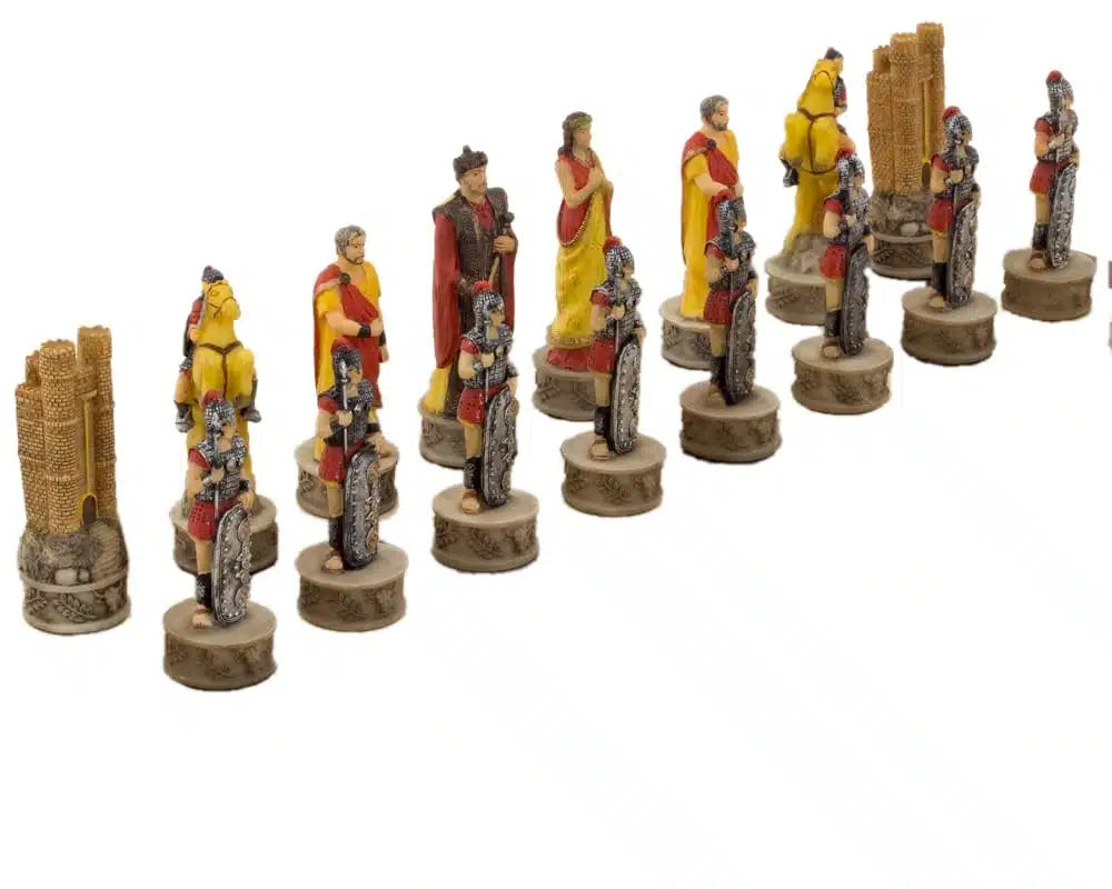 Jeu d'Echecs en Résine Mythologie Grecque : La Bataille de Troie et Échiquier en Similicuir Doré et Bleu – Image 7