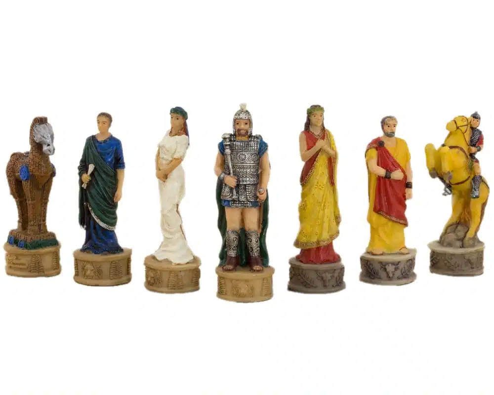 Jeu d'Echecs en Résine Mythologie Grecque : La Bataille de Troie et Échiquier en Similicuir Doré et Bleu – Image 8