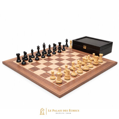 Schachspiel Highclere aus Ebenholz und Buchsbaum & Schachbrett aus Ahorn und Nussbaum mit Aufbewahrungsbox