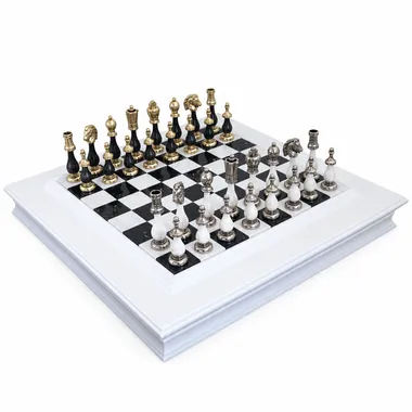 Ensemble complet d'échecs en bois et métal noir et blanc sur coffret laqué blanc