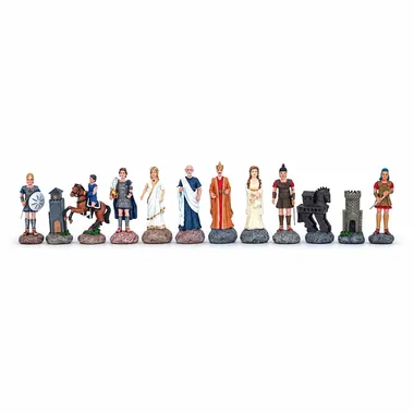Pièces d'échecs en étain Mythologie Grecque alignées montrant tous les personnages