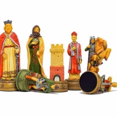 Pièces d'échecs Camelot, roi, tour et cavalier en résine peinte