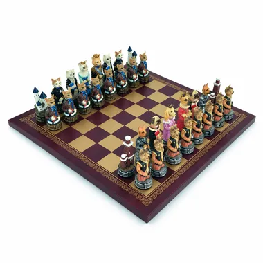 Jeu d'échecs chiens et chats en résine sur échiquier similicuir bordeaux et doré