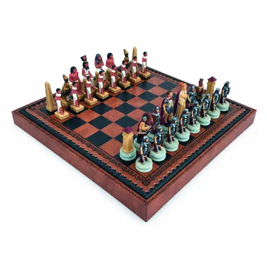 Jeu d'échecs Romains VS Égyptiens en résine sur échiquier en similicuir