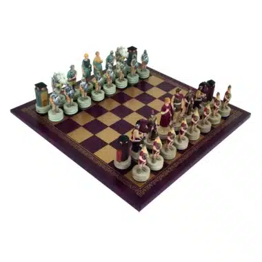 Jeu d'Echecs Conquete de la Grece par Rome en Résine & Échiquier en Similicuir Bordeaux et Doré