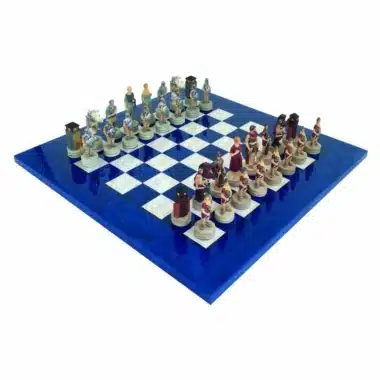 Jeu d'échecs Romains VS Grecs en Résine et Échiquier en Bois de Bruyère Bleu et Blanc