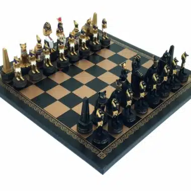 Jeu d'Echecs Égypte Ancienne en Résine & Échiquier en Similicuir Noir et Doré