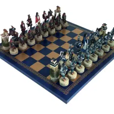 Jeu d'Echecs Samouraï en Résine Peint à la Main et Échiquier en Similicuir Doré et Bleu
