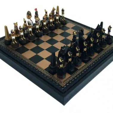 Jeu d'Echecs Égypte Ancienne en Résine &  Échiquier en Similicuir avec Compartiment de Rangement